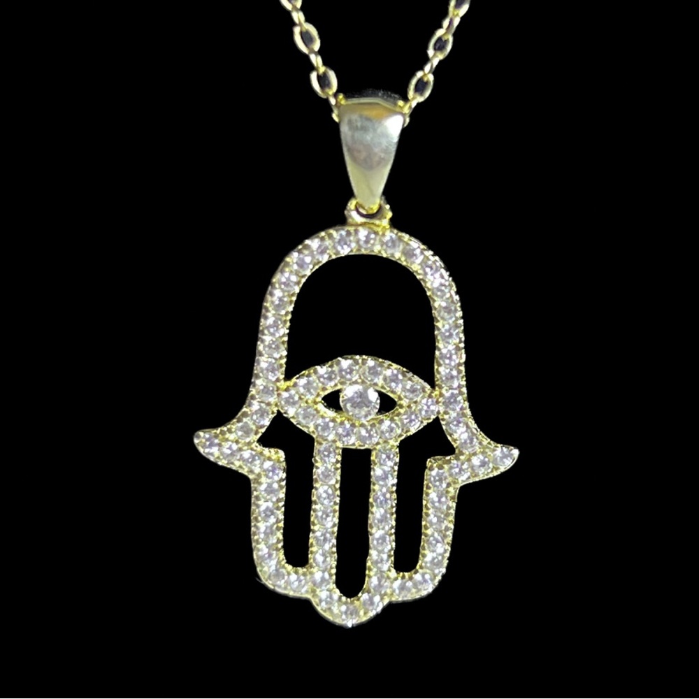 Gold over sterling silver chain with Hamsa Hand Third Eye CZ pendant